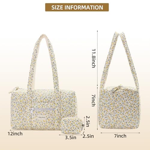 Molly Moon Top Zipper Floral Quilted Duffle Bag for Women, Yellow Quilted Small Floral Tote Bags with Coin Purse, Cute Cotton Shoulder Bag for Travel, Work, School - Thumbnail 6