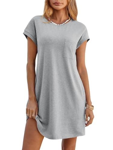 Wenrine Womens Summer Mini Dress Casual Short Sleeve Crewneck Loose Flowy T Shirt Dresses with Pockets Grey Marle - Image 1