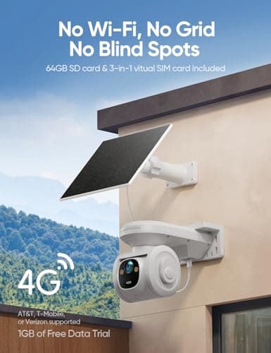 4G LTE Cellular Security Camera Outdoor 2.5K QHD, No WiFi 24/7 Recording, vSIM & 64GB SD, 8W Solar Panel Powered, Pan Tilt AI Person/Animial/Vehicle Tracking, Color Night Vision, IP67 Cold-Resistant - Thumbnail 2