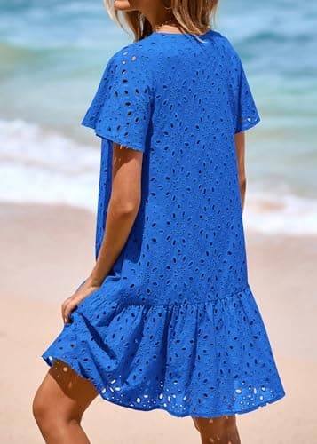 KIRUNDO Eyelet Dresses for Women 2026 Spring Summer Short Sleeve Button Down Loose Mini Babydoll Dress Beach Vacation Clothes(Blue, XX-Large) - Thumbnail 2