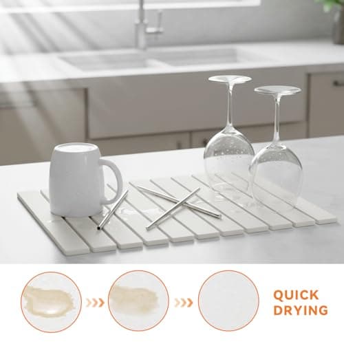UOEPOWA Stone Drying Mat for Kitchen Counter, Quick Dry Stone Dishes Mats, Foldable Water Absorbing Diatomaceous Earth Drying Organizer Pad (White) - Thumbnail 2