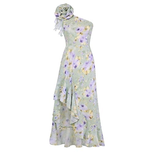 GRACE KARIN Womens Summer One Shoulder Sleeveless Dresses Floral Flowy Ruffle High Low Wedding Guest Maxi Sundresses Green Purple 8 - Image 1