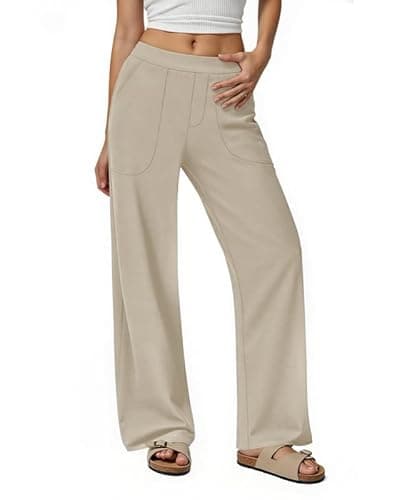 keriffe Wide Leg Casual Pants for Women Elastic Waist Summer Flowy Beach Vacation Palazzo Trousers with Pockets Khaki - Image 1