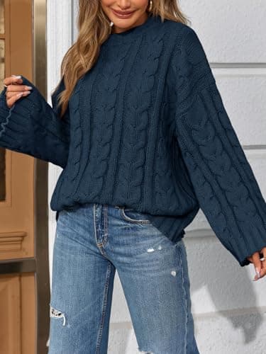 Saodimallsu Womens Oversized Sweaters Cable Knit Bell Batwing Sleeve Crew Neck Fall Winter Chunky Pullover Tops Navy - Thumbnail 5