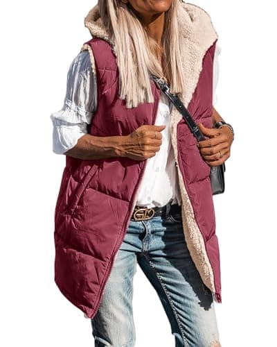 BTFBM Long Puffer Vest Women Fleece Sherpa Jacket Sleeveless Hooded Reversible Zip Up Winter Coat Fall Vests Outerwear(Wine Red, X-Large) - Image 1