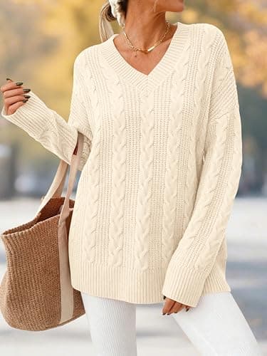 Okiwam Women's Oversized Sweaters Long Sleeve V Neck Cable Knit Pullover Tops Fall Outfits Spring Fashion Clothes 2026-XS Beige - Thumbnail 2