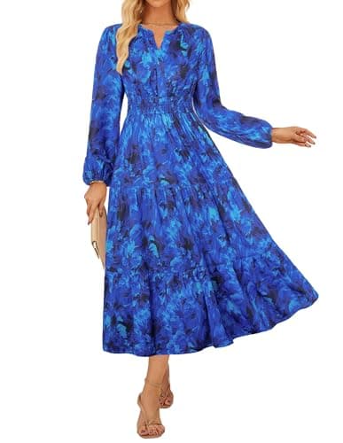 GRACE KARIN Long Sleeve Dress for Women 2026 Spring Wedding Guest Dress Floral Boho A Line Flowy Maxi Dresses with Pockets RoyalBlue Floral L - Image 1