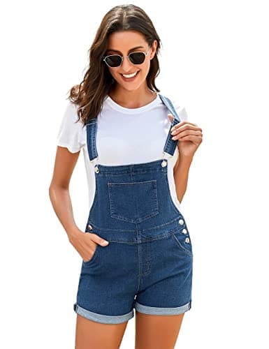 Vetinee Women's Dark Blue Classic Adjustable Straps Cuffed Hem Denim Bib Overall Shorts Medium - Thumbnail 4