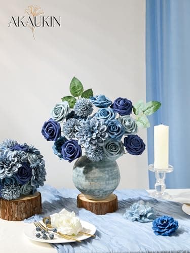 Dusty Blue Artificial Flowers Combo, Fake Silk Dahlia, Roses, Chrysanthemum Balls with Stems for Wedding Bridal Bouquets, Baby Shower, Party, Table Centerpieces, Home Decor & DIY Floral Arrangements - Thumbnail 2