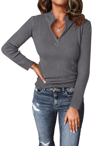 PRETTYGARDEN Spring Quarter Zip Pullover Sweaters for Women 2026 Long Sleeve Collared Fitted Ribbed Knit Tops(Dark Grey,Small) - Image 1