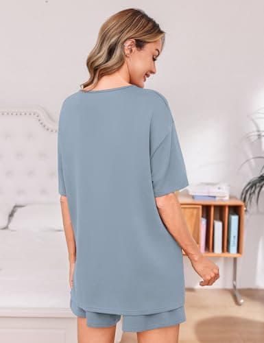 Totatuit Womens Oversized T Shirt and Shorts Set 2 Piece Lounge Outfits High Waist Bermuda Shorts with Pockets Casual Summer Matching Sets Gray-blue Medium - Thumbnail 6