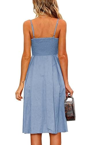 ECOWISH Women 2024 Summer Dresses Tie Front V-Neck Spaghetti Strap Button Down A-Line Backless Swing Midi Dress 809 Blue XL - Thumbnail 3