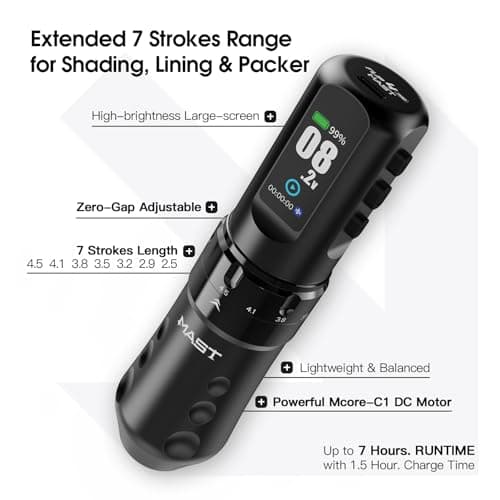 Mast Tattoo Flip4 Pro Cordless Tattoo Pen Machine Gun 7 Strokes Length 2.5mm-4.5mm Coreless Motor 2000mAh Battery Power Supply 2 Batteries - Thumbnail 3