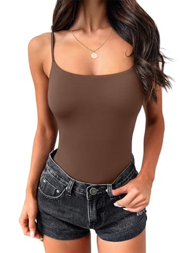 ANRABESS Tank Tops for Women Square Neck Adjustable Spaghetti Strap Double Lined Camisole Tops Summer Basic Cami Shirts Brown X-Small - Image 1