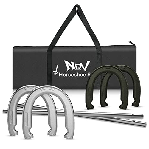 NQV Horseshoe Outside Game,Horse Shoe Game Kit,Horseshoe Set on Lawn Beach Soil Outdoor Backyard Adults. 4 Traditional Heavy Duty Forged Steel Horseshoes Regulation Size+2 Forged Steel Stakes+1 Bag - Image 1