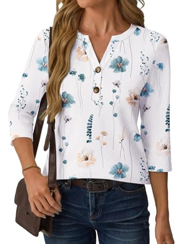GKBK Womens Tops 3/4 Length Sleeve V Neck Button Down Loose Fit Shirts Business Casual Basic Tees Summer Fashion Cute 2026 Dressy Casual Vacation Travel Blouses Trendy Outfits Flower S - Thumbnail 6