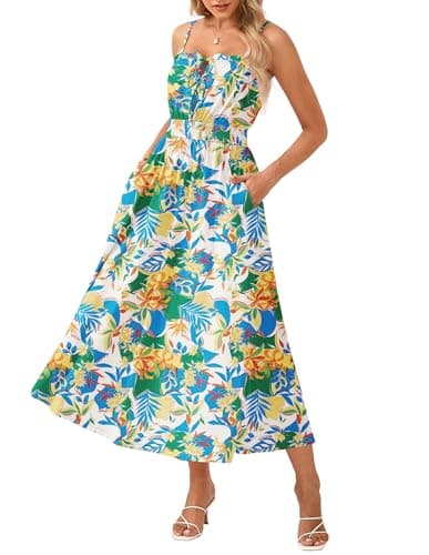 GRACE KARIN Womens Summer Clothes 2026 Boho Floral Maxi Long Dresses Spaghetti Straps Casual Beach Sundress with Pockets Yellow Green Blue Floral XL - Image 1