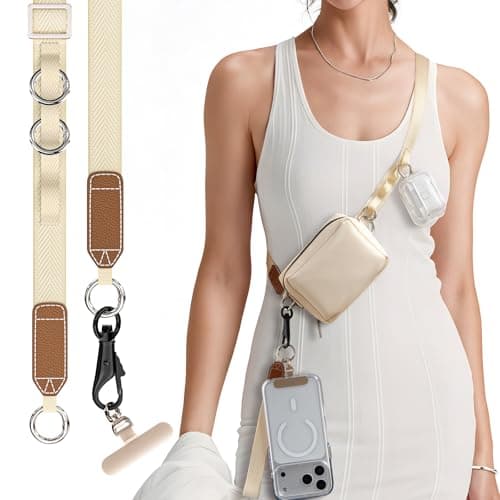 PEAKZOOC Phone Lanyard Crossbody Strap with Wallet, Clip and Go Design, Adjustable Phone Strap with Detachable Pouch, Wrist Strap & 360° Rotatable Metal Phone Tether,Gift for Women(Beige) - Image 1