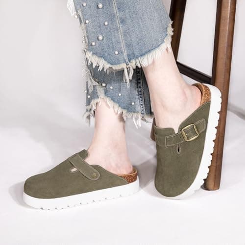 Women's Platform Suede Clogs Slip-On Mules Non-Slip Potato Shoes Sandals with Arch Support Adjustable Buckle Green - Thumbnail 2