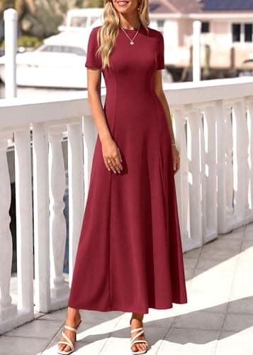 KIRUNDO Wedding Guest Dresses for Women 2026 Spring Summer Short Sleeve Pleated Long Flowy A Line Formal Maxi Dress Pockets(Burgundy, Medium) - Thumbnail 6