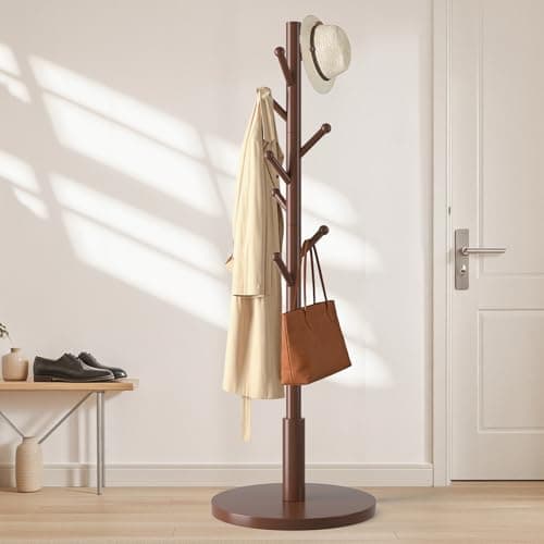 ACIPENSER Coat Rack Freestanding Wooden Coat Tree Stand with 8 Round-tip Hooks, 3 Adjustable heights Coat Hat Rack for Entryway,Bedroom,Hallway,Office (Brown) - Thumbnail 3