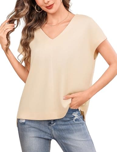 Totatuit Deep V Neck Tops for Women Oversized Boxy Fit Tshirts Summer Short Sleeve Casual Tee Shirts Apricot XX-Large - Image 1