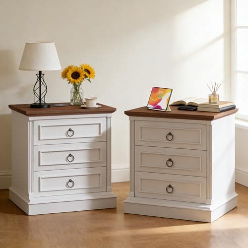 HUAHUU Farmhouse Nightstand Set of 2, Side Table with Wireless Charging Station, Wood Rustic End Table with Roman Column & Metal Handle for Bedroom, White - Image 1