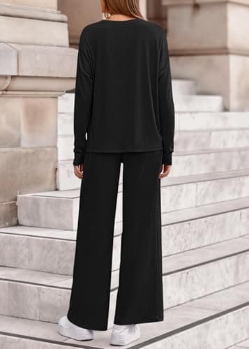 KIRUNDO Spring 2 Piece Lounge Sets for Women Long Sleeve Ribbed Knit Tops Wide Leg Pants Matching Travel Outfits Postpartum(Black, XX-Large) - Thumbnail 2