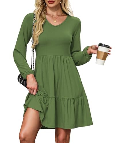 AUSELILY Womens Long Sleeve Dress 2025 Fall Casual V Neck Tiered Swing Flowy A-line Mini Short Dresses with Pockets Army Green 2XL - Image 1