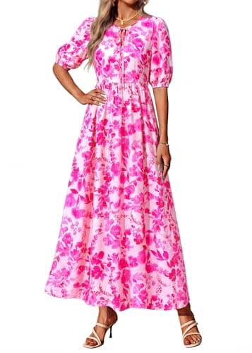 KIRUNDO Spring Dresses for Women 2026 Summer Wedding Guest Boho Floral 3/4 Sleeve Beach Vacation Cruise Flowy Maxi Dress(Rose Red, Medium) - Thumbnail 2