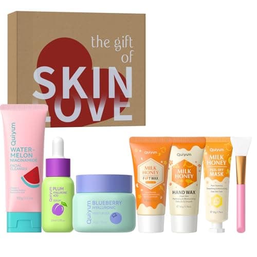 QUIYUM 6PCS Skincare - Skin Care Sets with Watermelon Cleanser, Plum Serum, Blueberry Moisturizer, Milk Honey Peel-Off Mask, Hand Wax, Foot Wax, Hydrating Cleansing Repairing, Ideal Gifts Sets - Image 1