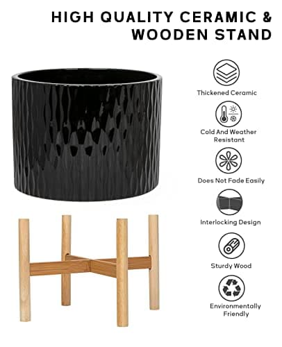 LaDoVita Ceramic Plant Pot with Stand, 10 Inch Planter with Wood Shelf, Modern Round Flower Pots Indoor with Wood Planter Holder, Black Water Ripple Pattern - Thumbnail 3