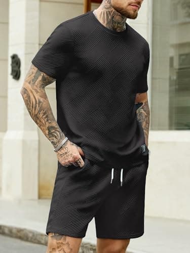 JEMLDL Mens Short Sleeve T-Shirt Shorts 2 Piece Set Summer Jacquard Casual Lounge Sets Comfort Fashion Outfit Sweatsuit Black XL - Thumbnail 3