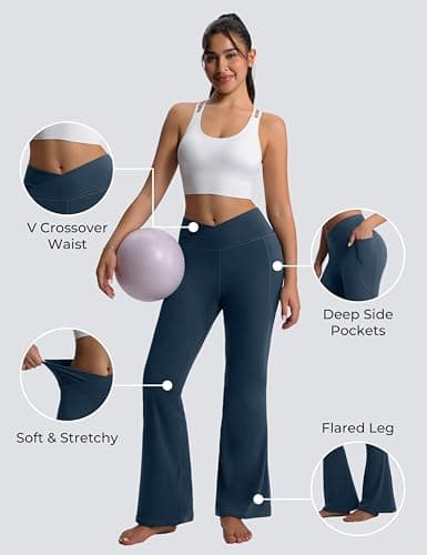 MathCat Women's Flare Yoga Pants Bootcut with Pockets, High Waisted V Crossover Workout Leggings for Yoga, Gym, Lounge True Navy - Thumbnail 4