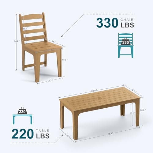 ACUEL HDPE Patio Dining Set for 6, Weather-Resistant Outdoor Table with Umbrella Hole, Never Sagging One-Piece Tabletop with Metal Support Bars for Poolside Backyard Garden (Teak Color) - Thumbnail 2