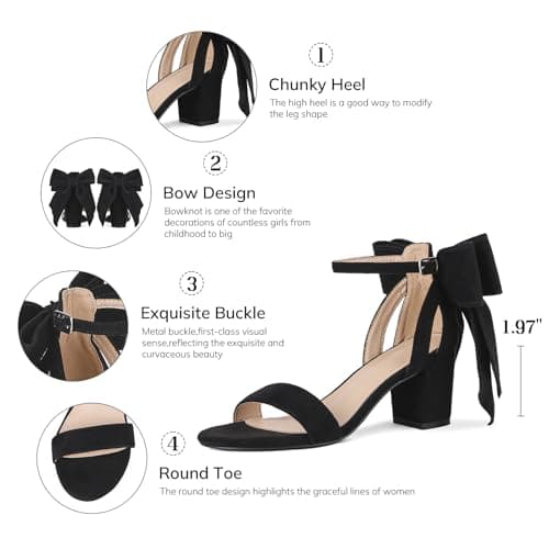 Yremael Women's Heeled Sandals Black Bow Round Open Toe Buckle Chunky Block Heel Comfortable Wedding Dress Shoes - Thumbnail 5