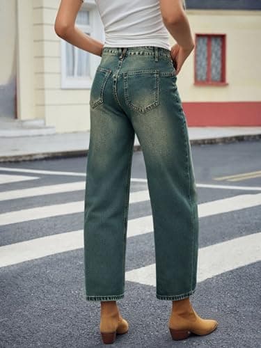 PEIHOT Mid Waisted Barrel Women Jeans Trendy Boyfriend Stretch Loose Crop Denim Pants with Pockets Retro Blue - Thumbnail 5