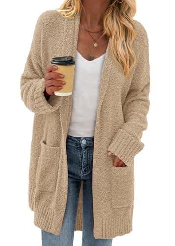 KIRUNDO Cardigan Sweaters for Women 2026 Fall Chunky Fuzzy Knit Open Front Loose Long Sleeve Sweater Coats Winter Clothing(Camel, Large) - Image 1