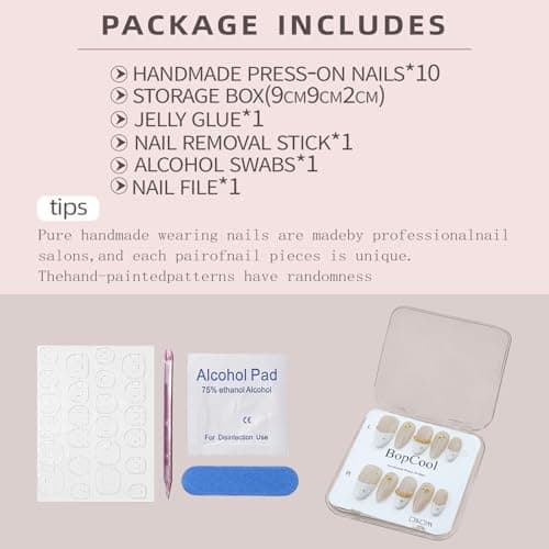 Handmade Press On Nails Medium Almond Shape - 3D Gold Metallic Embellished White French Manicure False Nails ， Minimalist Design | Salon Quality Reusable Fake Nails(10PCS-M) - Thumbnail 6