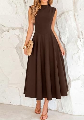 BTFBM Summer Dresses for Women 2026 Mock Neck Sleeveless High Waist Flowy Aline Maxi Spring Wedding Guest Dress Cocktail(Dark Brown, Medium) - Thumbnail 4
