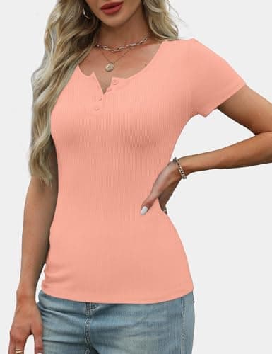 GKBK Ribbed Short Sleeve Tops for Women Henley V Neck Top Slim Fitted Tight Basic Tee Tshirts Cute Summer Tops 2025 Trendy Going Out Workout Outfits Pink XS - Thumbnail 3