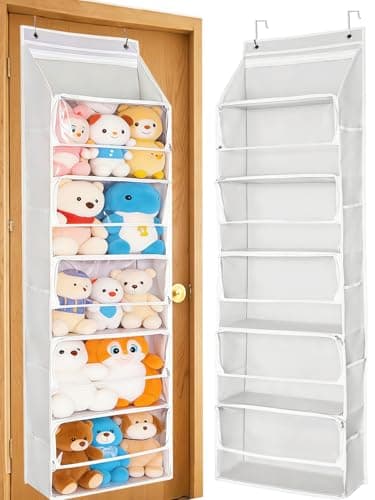 Over Door Stuffed Animal Storage, Zipper Closure Hanging Toy Organizer, Nylon Behind Door Organization, Clear Window Bathroom/Bedroom/Closet Holder Bag for Nursery Dorm Room Plush, 1Pack, 5 Tier，Beige - Image 1