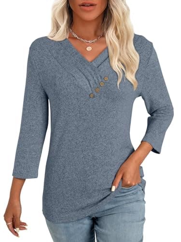 GKBK Women 3/4 Sleeve Tunic Tops for Leggings V Neck Button Down Loose T Shirts 2026 Fall Summer Dressy Business Casual Blouse Pullover Sweatshirt Work Cute Fashion Trendy Sweater Outfit Blue XL - Image 1