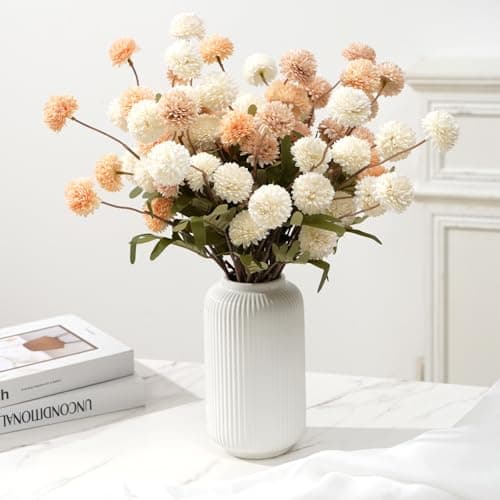 trytuny Fake Fall Flowers for Vase, Faux Silk Kiku Mums, Artificial Pom pom Floral Bouquets Indoor Centerpiece Office Coffee Table Boho Home Decorations (9, Mixed Cream) - Thumbnail 6