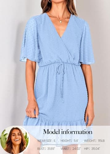 KIRUNDO Womens Summer Dresses 2026 Casual Spring Short Sleeve V Neck Ruffle Swiss Dot High Waist Belted Flowy Mini Dress, Style2-light Blue, Small - Thumbnail 4