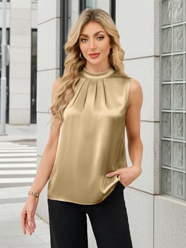 Funlingo Womens Dressy Tank Tops Sleeveless Satin Silk Camisole Blouse Business Casual Outfits Summer Pleated Work Shirt Fashion Khaki XL - Thumbnail 2