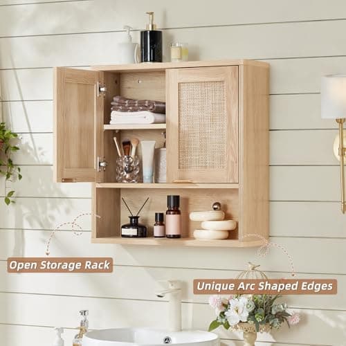 LEYAOYAO Rattan Bathroom Wall Cabinet, Boho Medicine Cabinet with Adjustable Shelf & Doors, Over The Toilet Storage Cabinets Organizer for Laundry Room, Kitchen, Living Room, Natural - Thumbnail 4