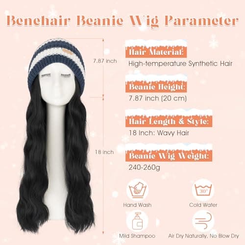 Benehair Beanie Wig Hair Extensions, Knitted Hats with Synthetic Water Wave Wig Hairpieces for Women Winter, 18 Inch Long Wavy Jet Black Hair with Blue & White Stripe Beanie - Thumbnail 6