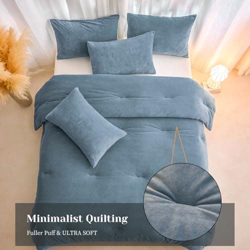 Hailyuwl Velvet Comforter Set Twin Size, Grey Blue Fluffy Velvet 3 Piece, Soft Breathable Luxury Winter Warm Bedding Sets, with 1 Cozy Comforter, 2 Pillow Shams - Thumbnail 4