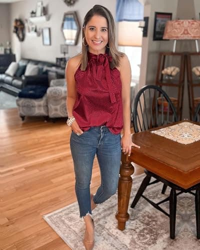 BTFBM Women Sleeveless Tie Mock Neck Spring Summer Tops Loose Casual Side Bow Satin Halter Tank Top Blouses Shirts Clothes(Wine Red, Medium) - Thumbnail 3